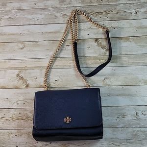 Tory Burch Carter Shrunken Shoulder Bag‎ Leather Chain Strap Navy Pebble Leather